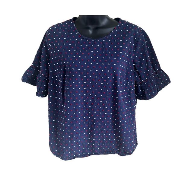 Americana Polka Dot Ruffle Sleeve Top S Button Back 4th of July Patriotic Blouse - Picture 1 of 6